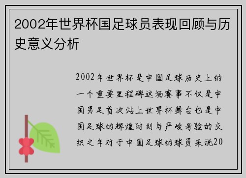 2002年世界杯国足球员表现回顾与历史意义分析