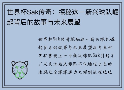 世界杯Sak传奇：探秘这一新兴球队崛起背后的故事与未来展望