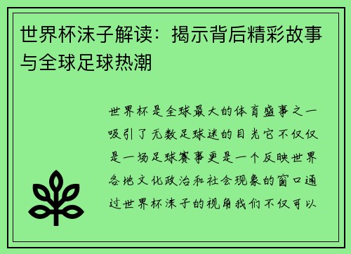 世界杯沫子解读：揭示背后精彩故事与全球足球热潮