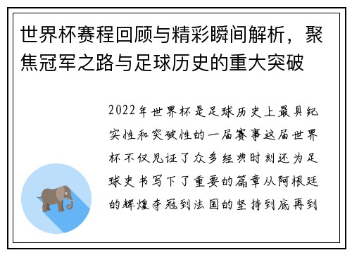 世界杯赛程回顾与精彩瞬间解析，聚焦冠军之路与足球历史的重大突破