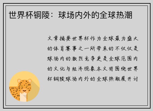 世界杯铜陵：球场内外的全球热潮