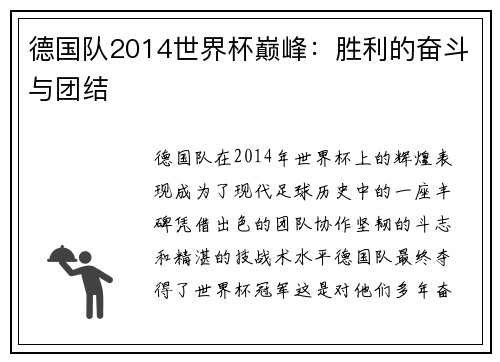 德国队2014世界杯巅峰：胜利的奋斗与团结