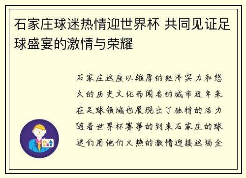 石家庄球迷热情迎世界杯 共同见证足球盛宴的激情与荣耀
